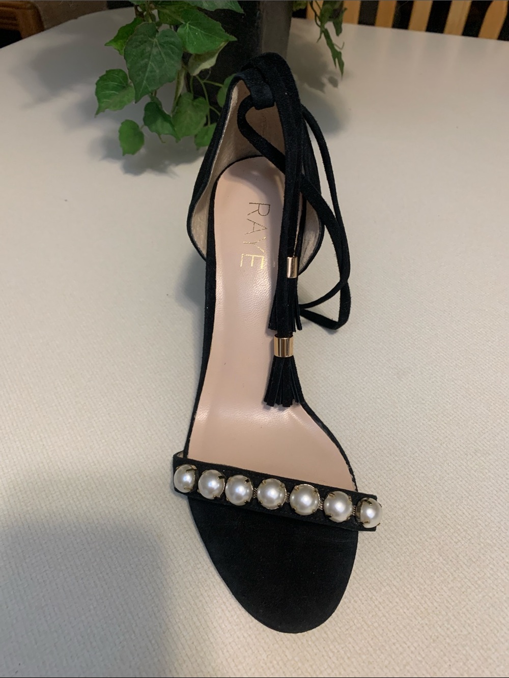 RAYE Black Pearl-Embellished Ankle-Tie Heel